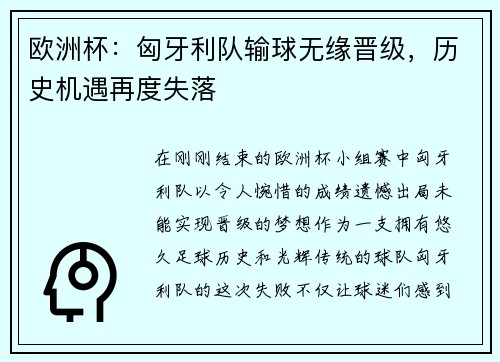 欧洲杯：匈牙利队输球无缘晋级，历史机遇再度失落